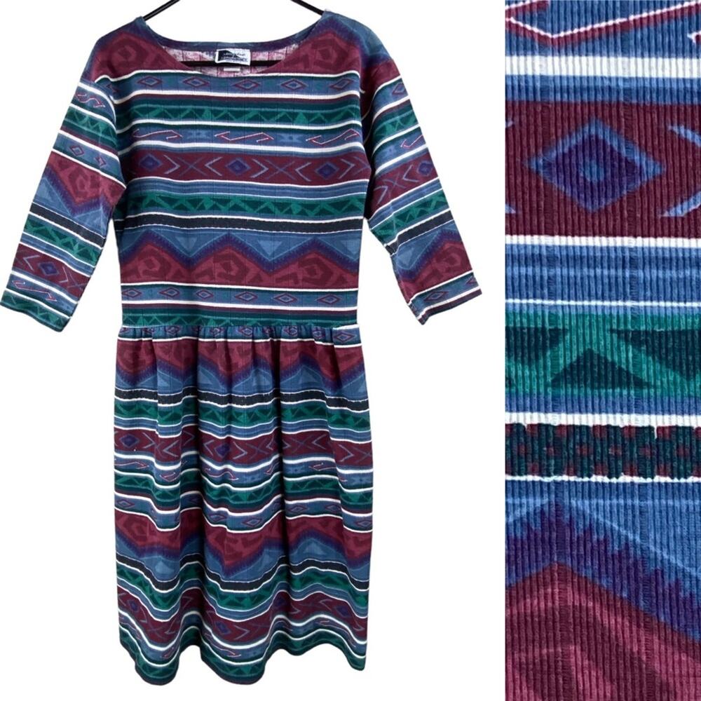 Vintage Womens Textured Southwest Aztec Knit Midi Dress Size M